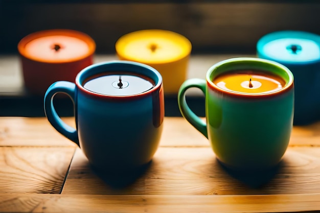 una fila di tazze da tè con una candela al centro