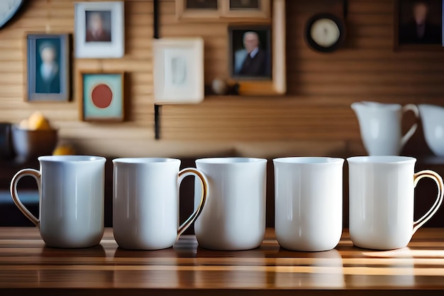 una fila di tazze di caffè bianche su un tavolo con un uomo sullo sfondo.
