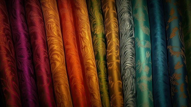 Una fila di tessuto di seta colorato con un motivo a foglia d'oro.