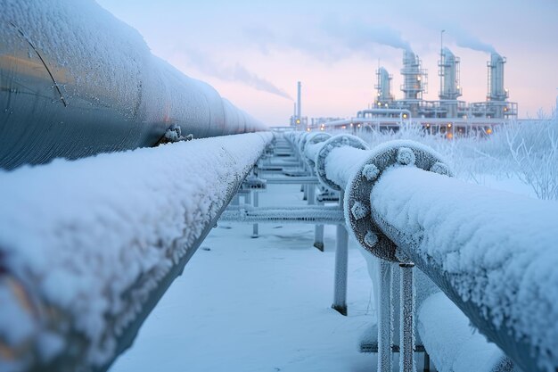 Una fila di tubi coperti di neve si trova accanto a una fabbrica industriale sotto un cielo nuvoloso.