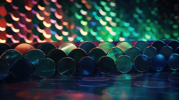 Una fila di tubi di plastica con uno sfondo verde e blu con luci dietro di loro.