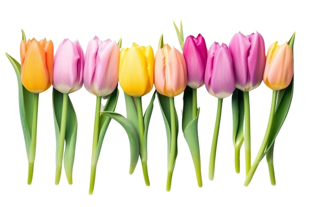 Una fila di tulipani colorati con uno che dice "primavera".