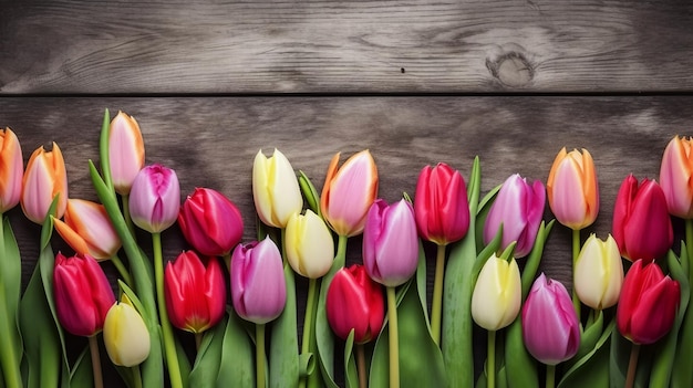 Una fila di tulipani colorati su uno sfondo di legno