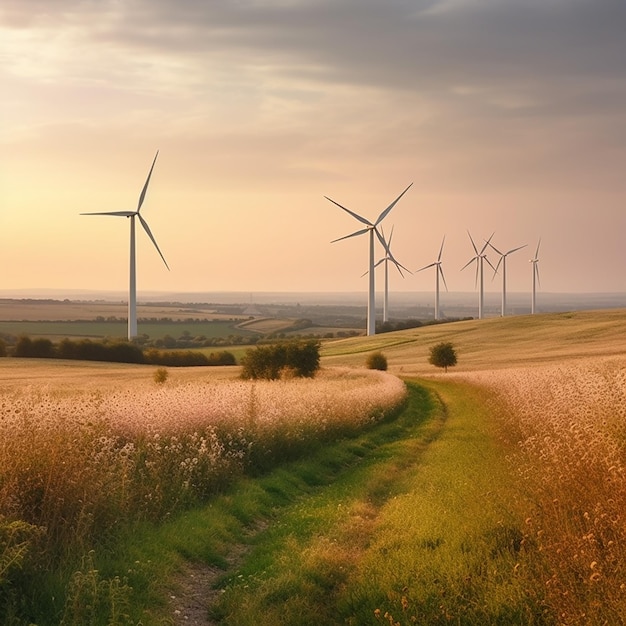 Una fila di turbine eoliche in un campo con un tramonto sullo sfondo.