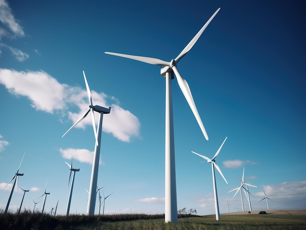 Una fila di turbine eoliche si trova in un campo con un cielo blu sullo sfondo.
