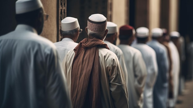 Una fila di uomini in fila con la parola darbar sul davanti