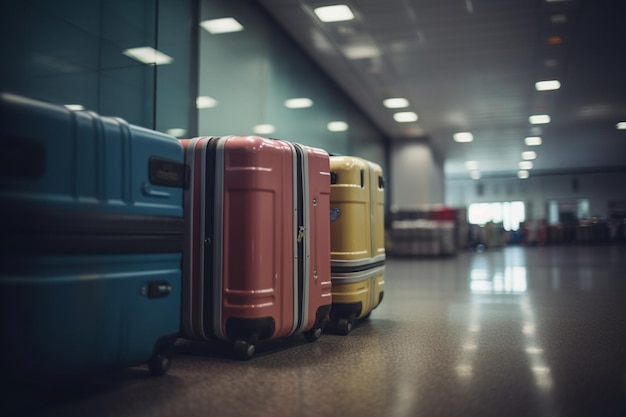 Una fila di valigie è allineata in un aeroporto.