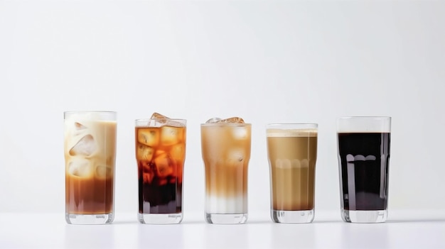 Una fila di varie bevande al caffè su sfondo bianco IA generativa