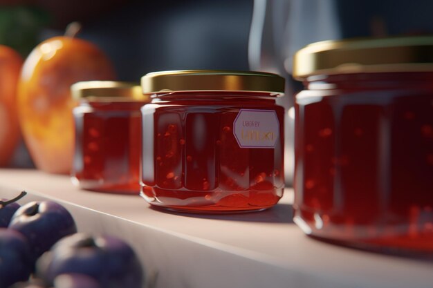 Una fila di vasetti di marmellata di frutta sul tavolo