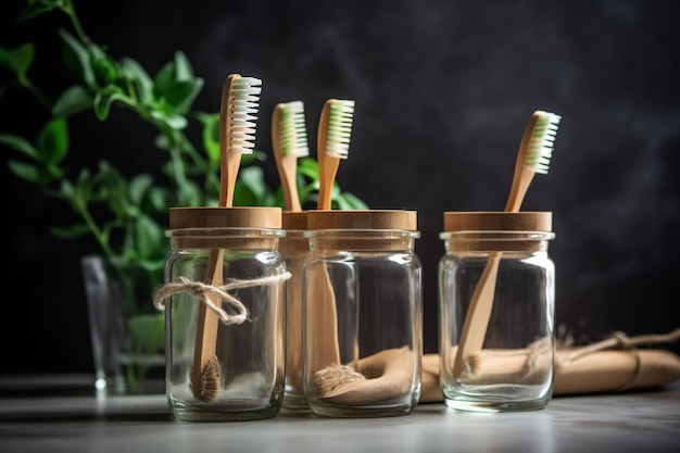 Una fila di vasetti di vetro con spazzolini da denti su sfondo nero.