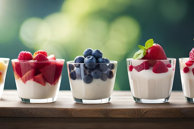 Una fila di vasetti di yogurt con frutti di bosco sopra