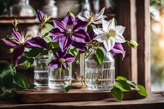 Una fila di vasi di vetro trasparente con fiori viola dentro.