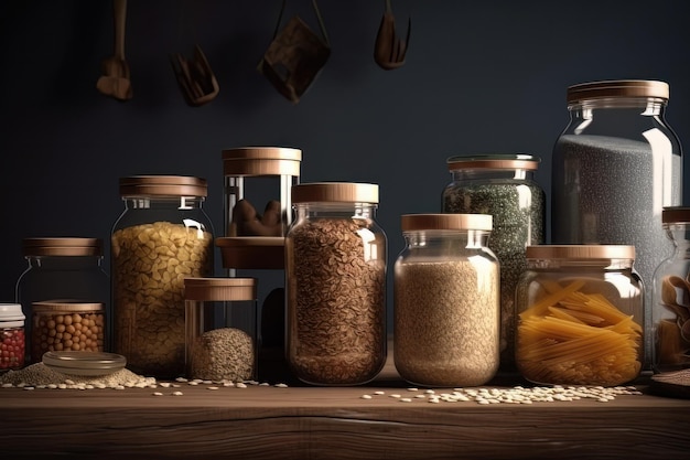 Una fila di vasi pieni di diversi tipi di chicchi e chicchi di riso accanto a una ciotola di cereali