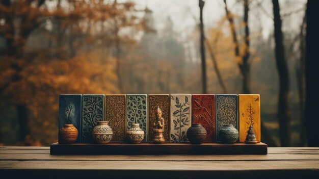 Una fila di vasi su un tavolo di legno