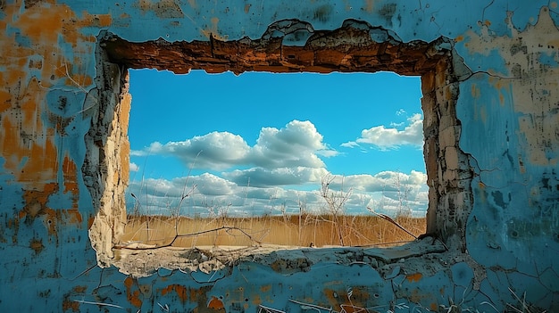 Una finestra alla serenità vista rustica del cielo blu e delle nuvole soffice attraverso una vecchia cornice a parete che evoca pace e riflessione AI