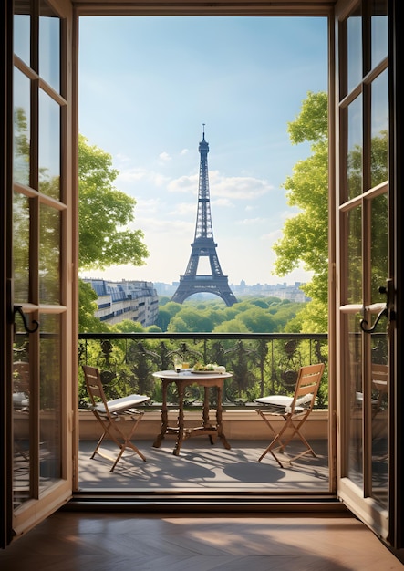 una finestra aperta con vista sulla Torre Eiffel Finestra vista dalla finestra di metallo