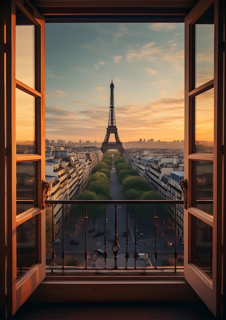 una finestra aperta con vista sulla Torre Eiffel Finestra vista dalla finestra di metallo