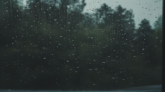Una finestra bagnata dalla pioggia con alberi sullo sfondo AI generativa