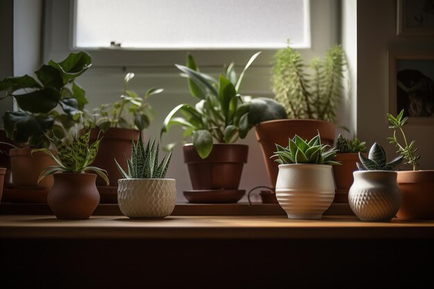 Una finestra con diversi tipi di piante su di essa.