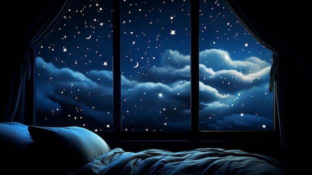 una finestra con la luna e le stelle nel cielo