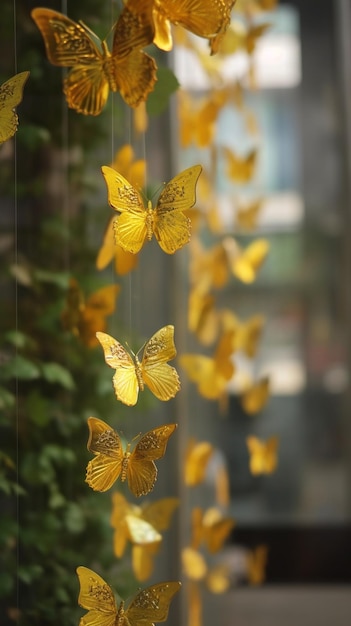 Una finestra con sopra delle farfalle gialle