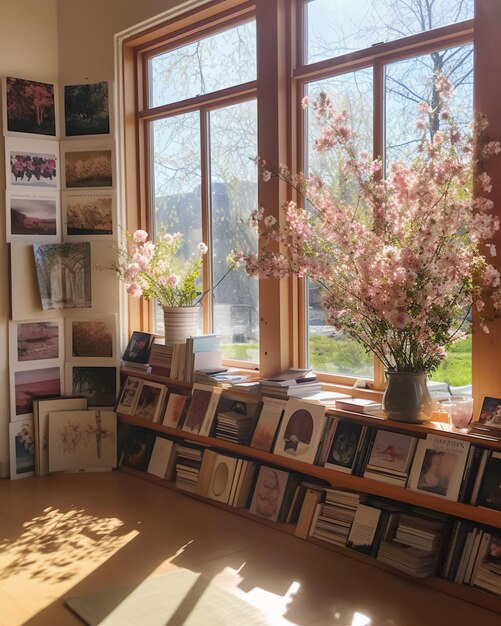 Una finestra con sopra un mucchio di libri e un vaso di fiori sullo scaffale.