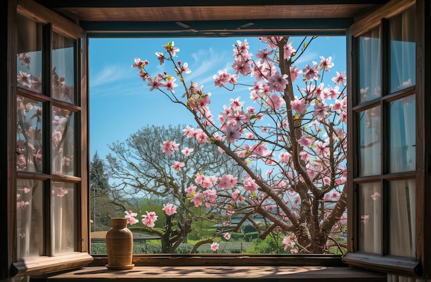 una finestra con un albero a fiori rosa e un vaso con un vaso e un vaso con un vaso sul davanzale della finestra