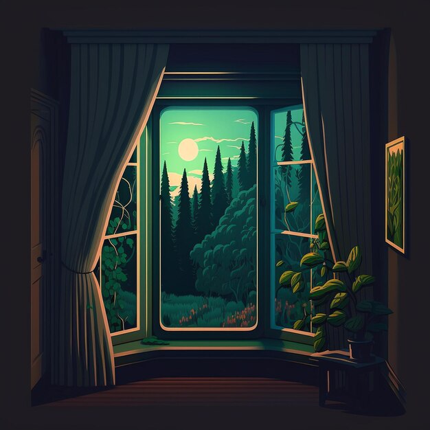 Una finestra con vista su un bosco e una pianta sul lato sinistro.