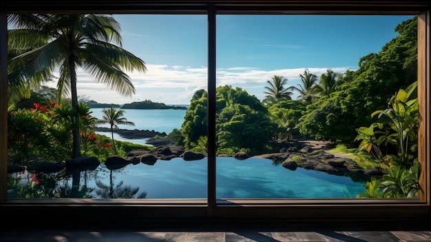 una finestra con vista su un'isola tropicale e uno specchio d'acqua Finestra vista dalla finestra del resort