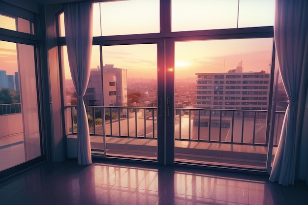 Una finestra con vista su una città e il sole sta tramontando.