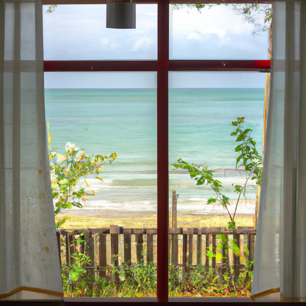 Una finestra con vista sulla spiaggia e sull'oceano.