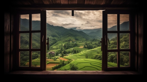 Una finestra con vista sulla valle e sulle montagne