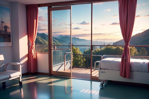 Una finestra con vista sulle montagne e un letto dentro.