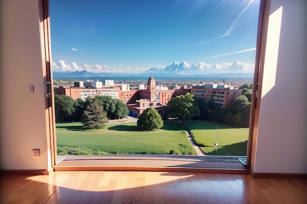 Una finestra con vista sulle montagne sullo sfondo