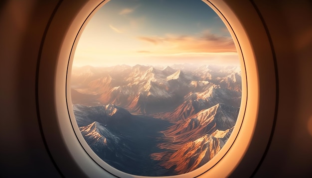 Una finestra di un aereo con vista sulle montagne.