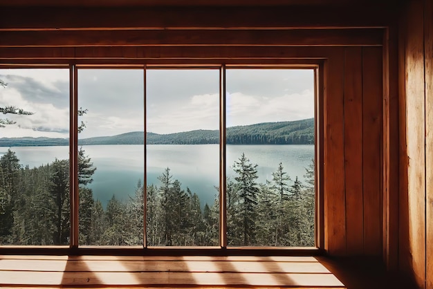 Una finestra in una cabina con vista su un lago e montagne sullo sfondo.