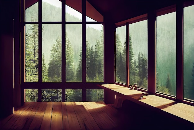 Una finestra in una cabina con vista sulla foresta e sulle montagne.
