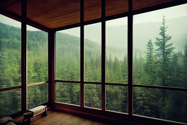Una finestra in una stanza con vista sulle montagne