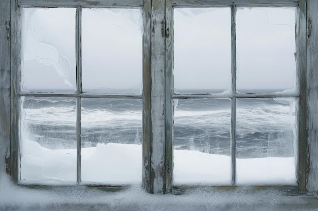 Una finestra invitante che mostra una vista mozzafiato sull'oceano che crea un'atmosfera serena e pacifica Una finestra ghiacciata che si affaccia su una tormenta invernale generata dall'IA