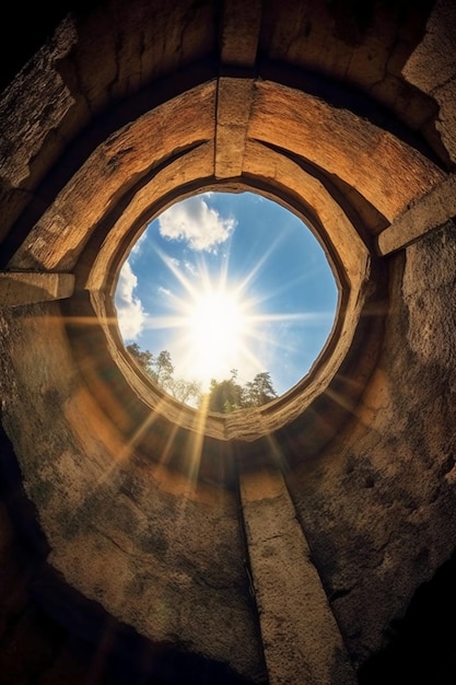 Una finestra rotonda con il sole che splende attraverso di essa