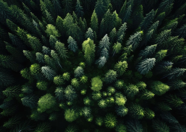 Una fitta foresta con alberi imponenti catturata da una vista a volo d'uccello utilizzando un drone L'immagine è proc