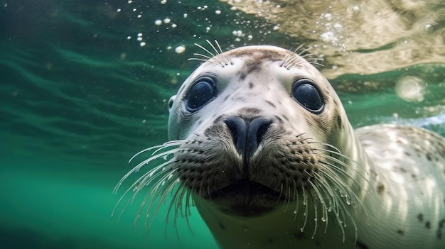 Una foca che nuota nell'acqua e guarda la telecamera IA generativa in primo piano