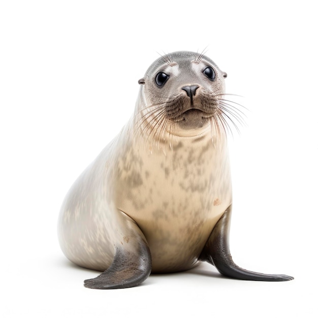 Una foca con un naso nero e una pelliccia grigia.