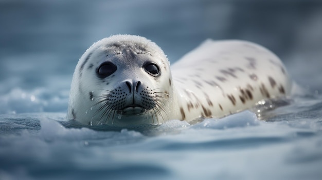 Una foca nuota nell'acqua con la parola foca sul davanti.