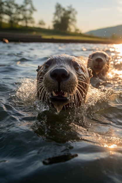 Una foca scivola nell'acqua con uno sfondo di raggio di sole IA generativa