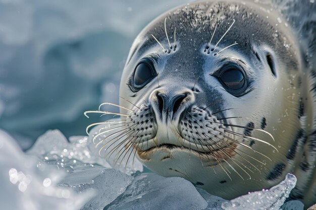 Una foca serena poggia sul ghiaccio il suo sguardo calmo e consapevole