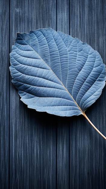 una foglia blu su uno sfondo di legno