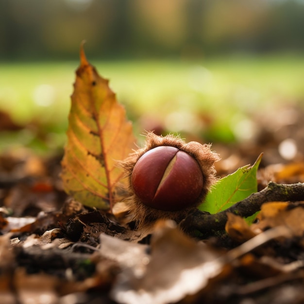 Una foglia caduta a terra con sopra una noce.