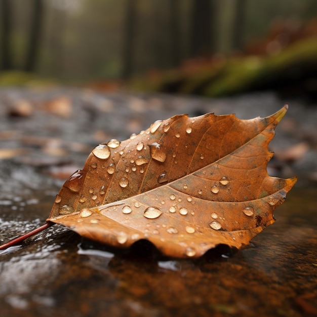 Una foglia con gocce d'acqua su di essa è adagiata su una superficie bagnata.