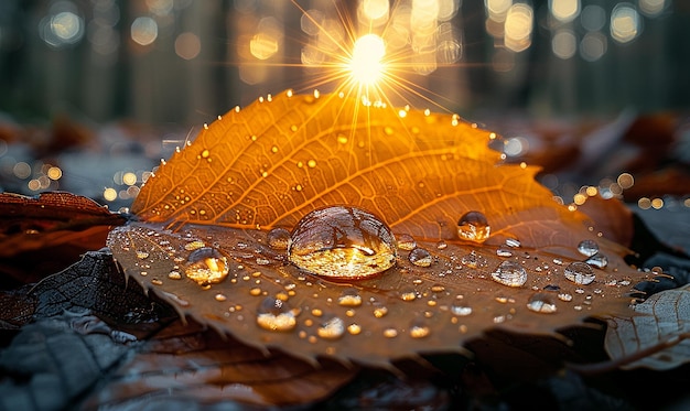 una foglia con gocce d'acqua su di essa e il sole che splende attraverso di essa